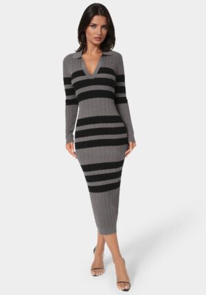 Long Sleeve Collared Striped Knit Dress